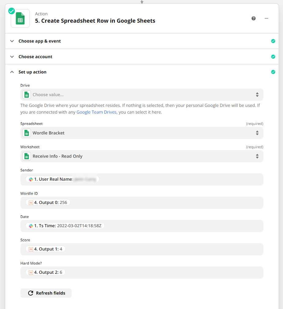 screenshot of google sheets zap to create a new row