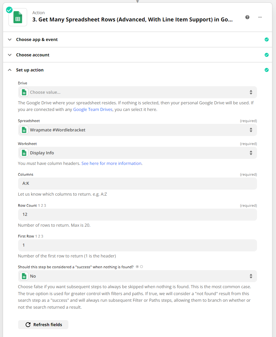 screenshot of google sheets zap with all settings as described in tutorial