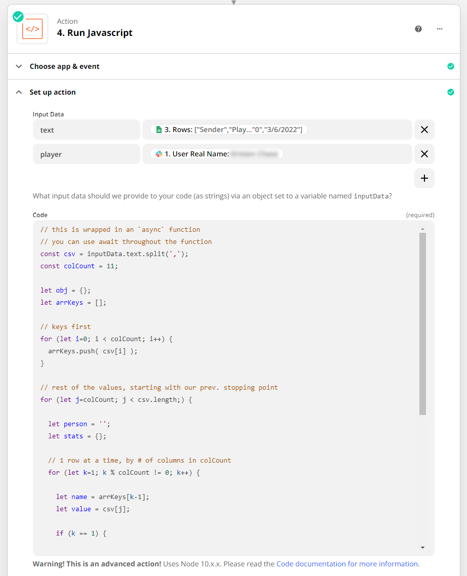 screenshot of run javascript zap with two input params and a code block