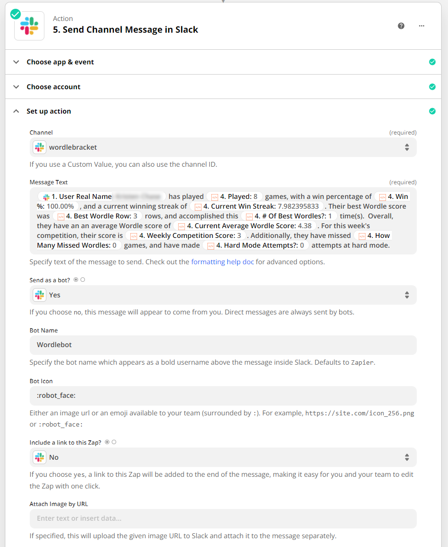screenshot of send slack message zap with settings filled per tutorial description