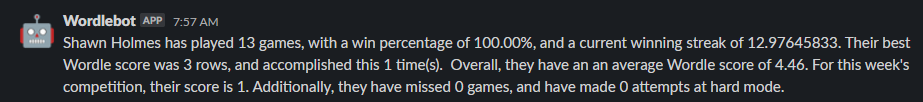 screenshot of Wordlebot responding in Slack with a person's score as parsed out of Google Sheet