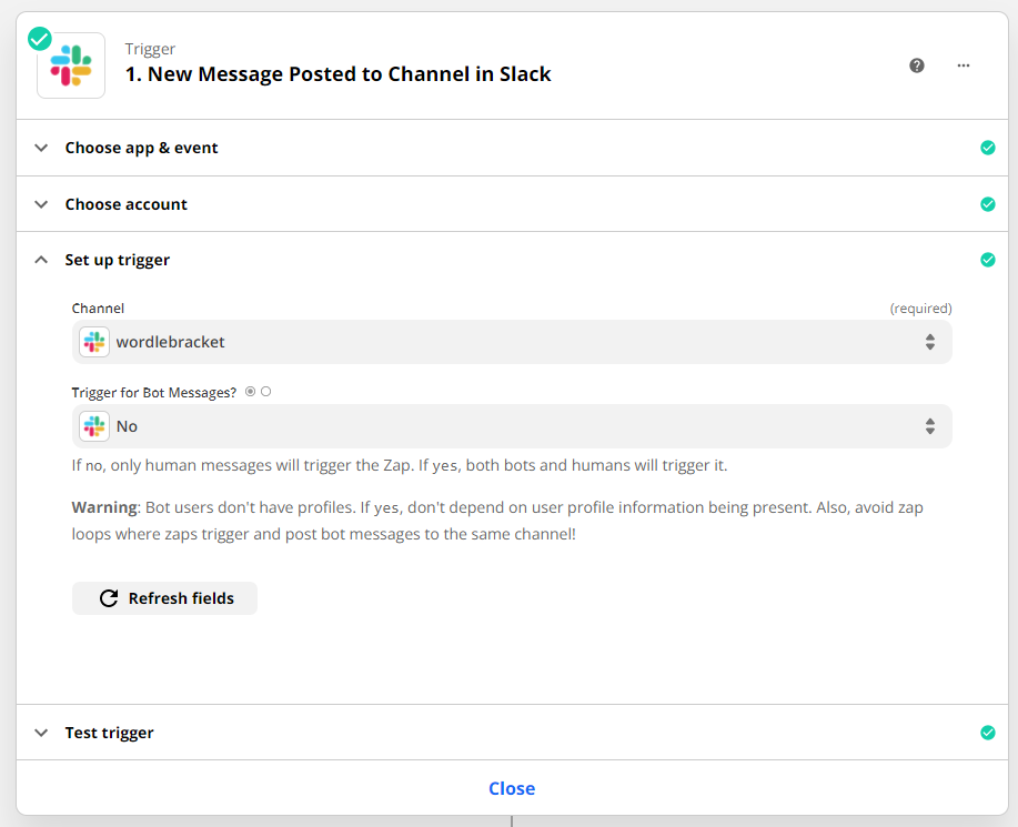 screenshot of new slack message zap with channel set to the same one as was used earlier in tutorial