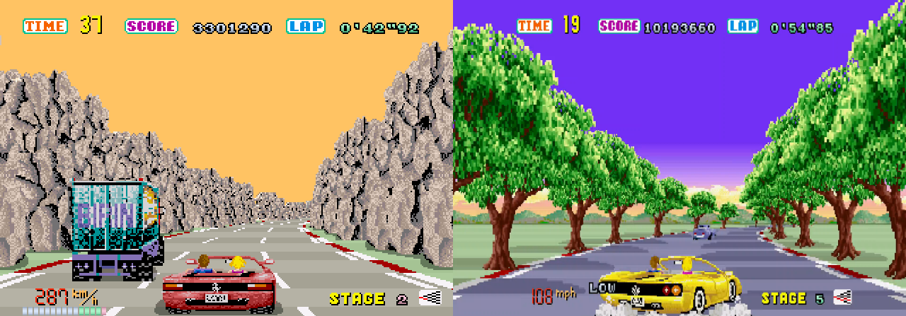 Side-by-side screenshot of two Outrun paths, one in mountains, one in trees