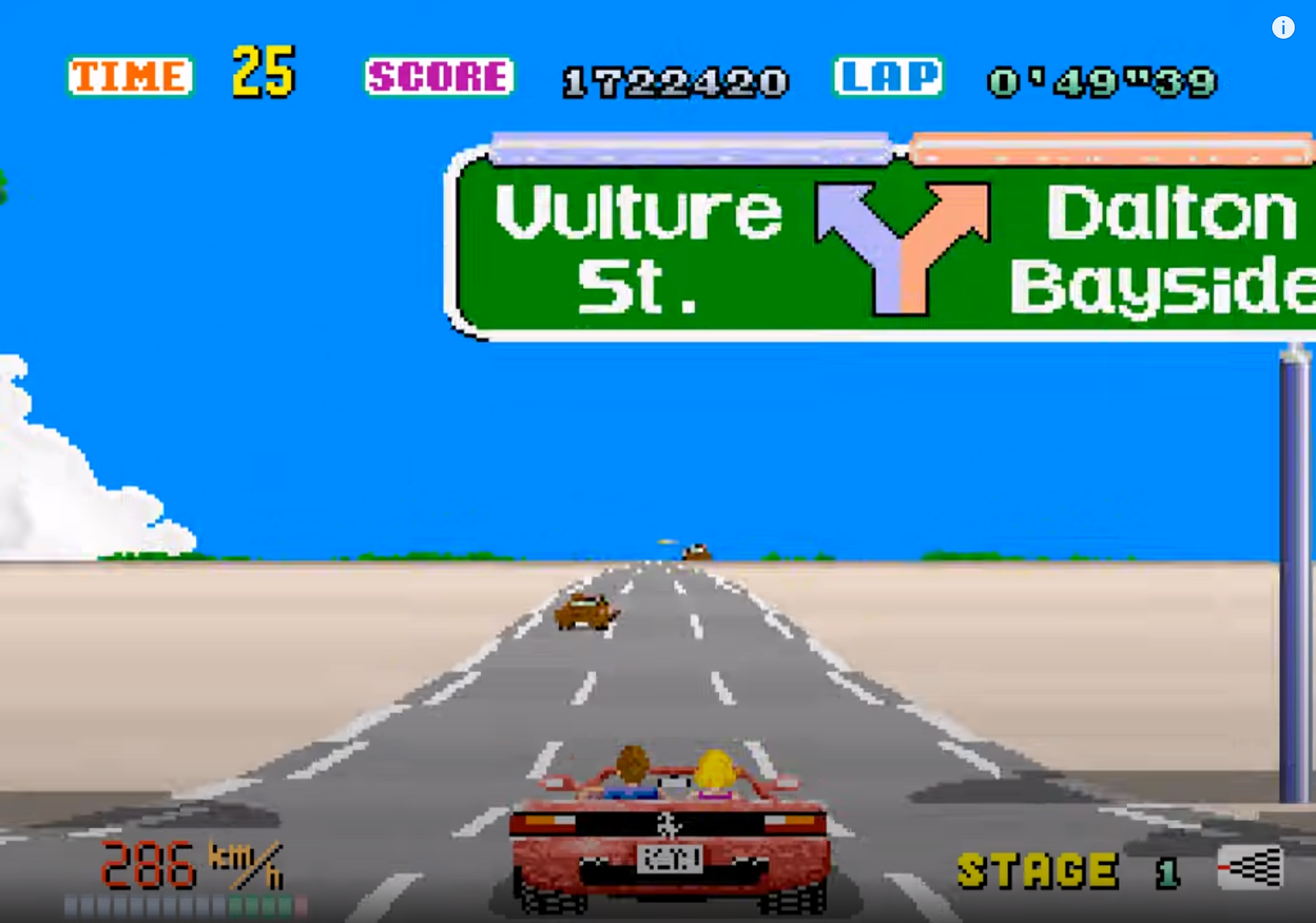 Outrun screenshot depicting overhead road sign warning of impending fork in road