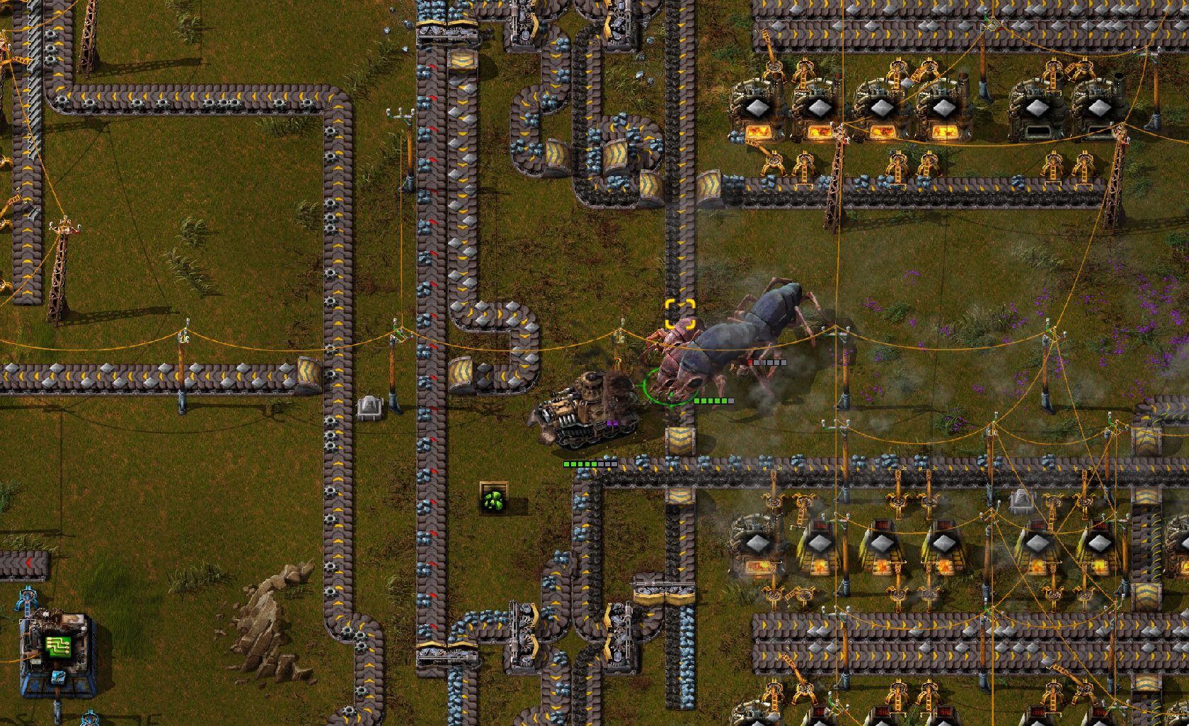 Factorio screenshot of bugs attacking a tank