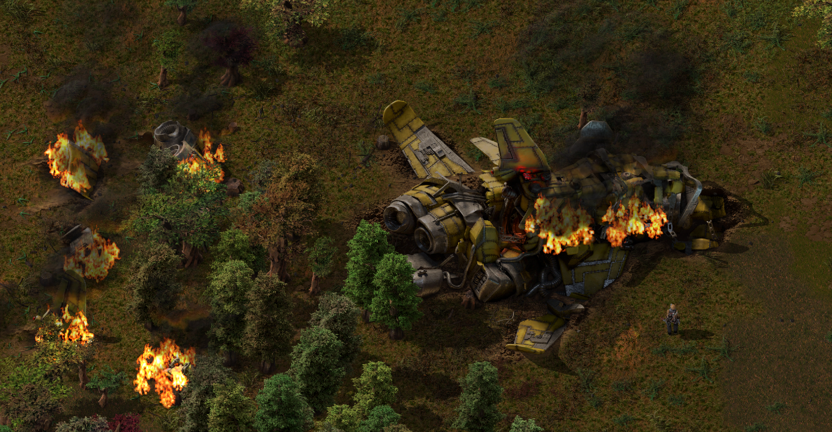 Factorio screenshot of player next to crashed ship