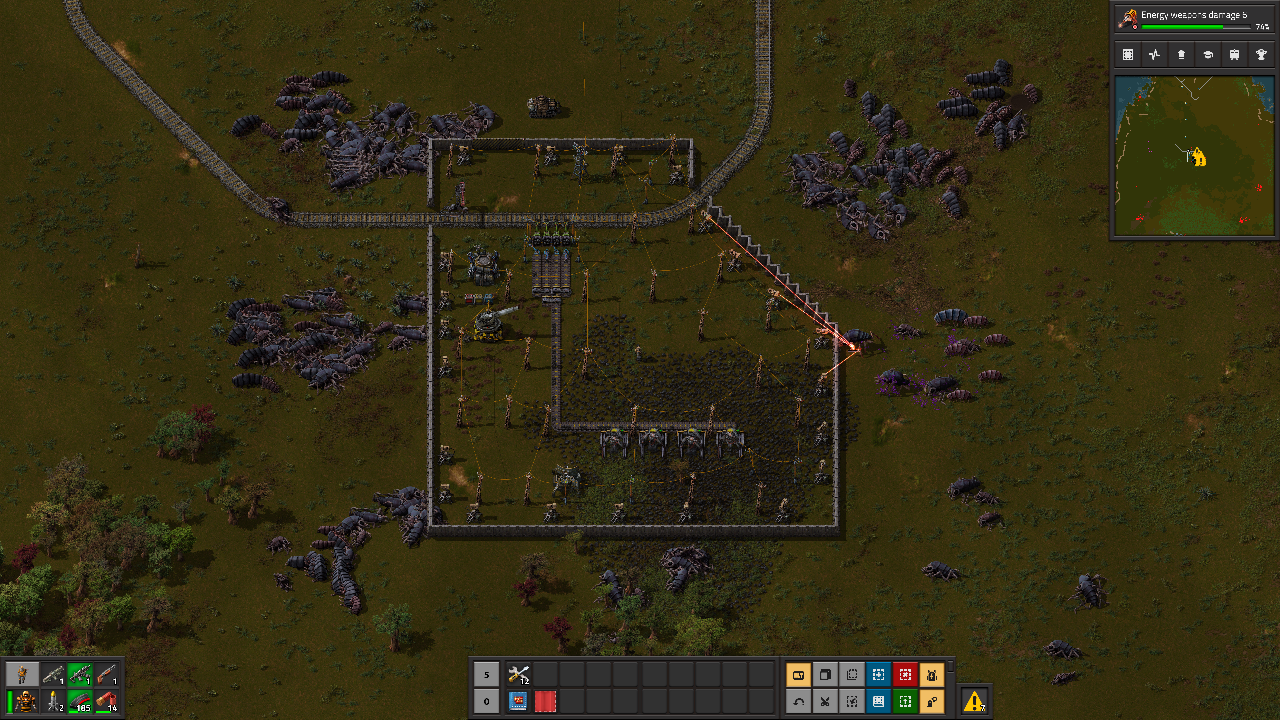 Factorio screenshot of alien bugs being shot at by lasers