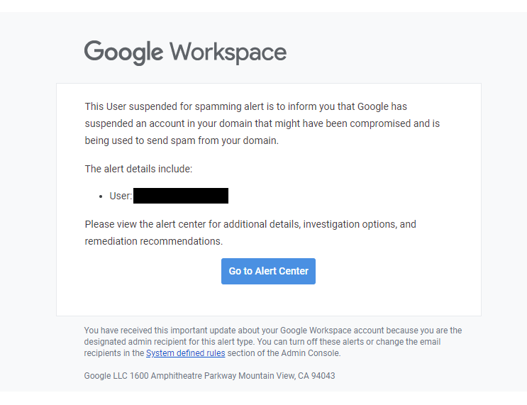 Google Workspace warning a user was suspected of spamming and locked