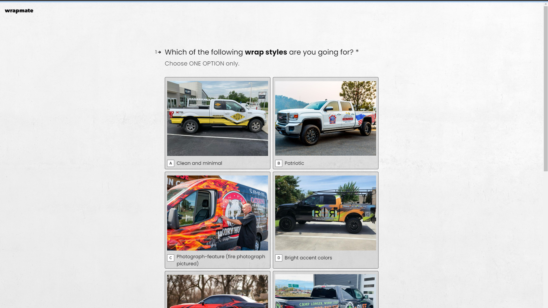 A grid of vehicles in which each vehicle depicts a design style a customer may select from