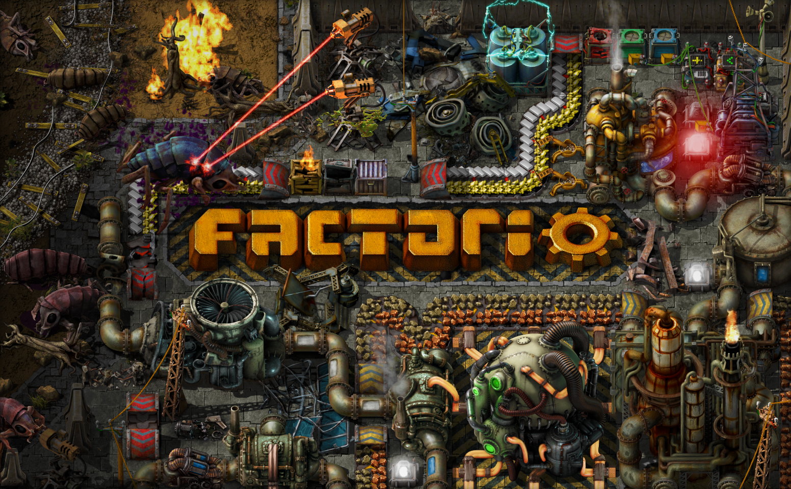 press kit artwork of the Factorio logo and an active factory under attack