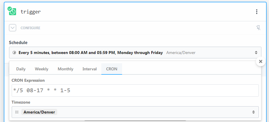 screenshot of Pipedream trigger UI using crontab syntax