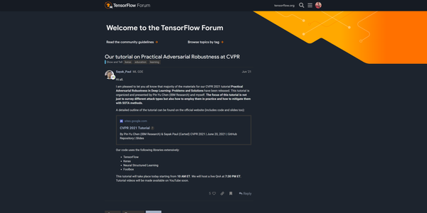 A screenshot of the TensorFlow forum theme, running atop Discourse
